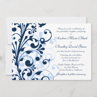 Invitación a la boda floral blanca y azul de la ma