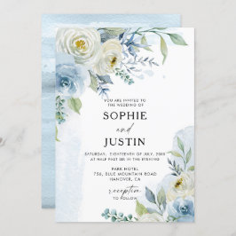 Invitación a la boda floral blanca y azul turquesa