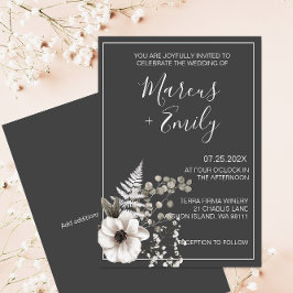 Invitación a la boda floral blanca y gris oscuro