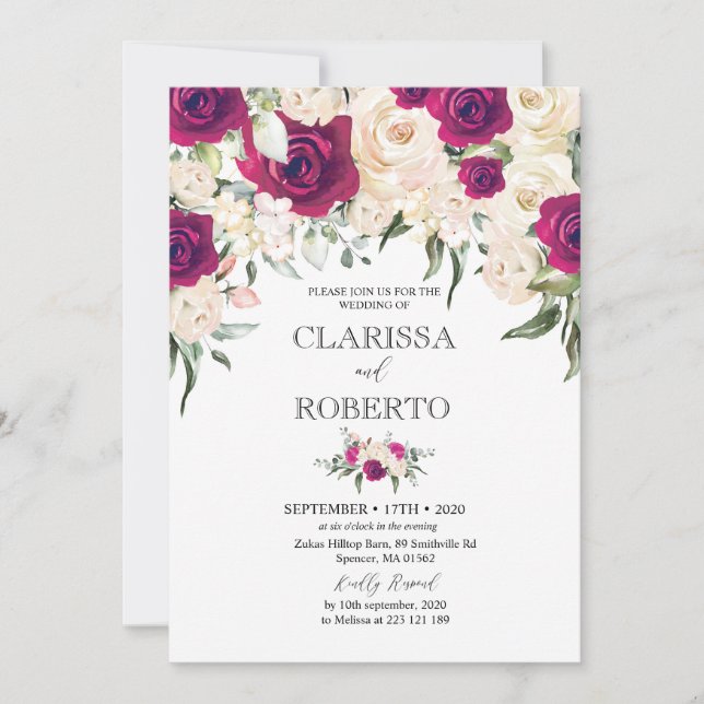 Invitación a la boda floral blanca y marsala (Anverso)