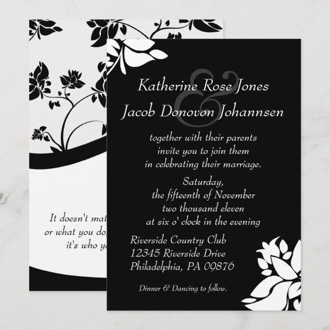 Invitación a la boda floral blanca y negra (Anverso / Reverso)