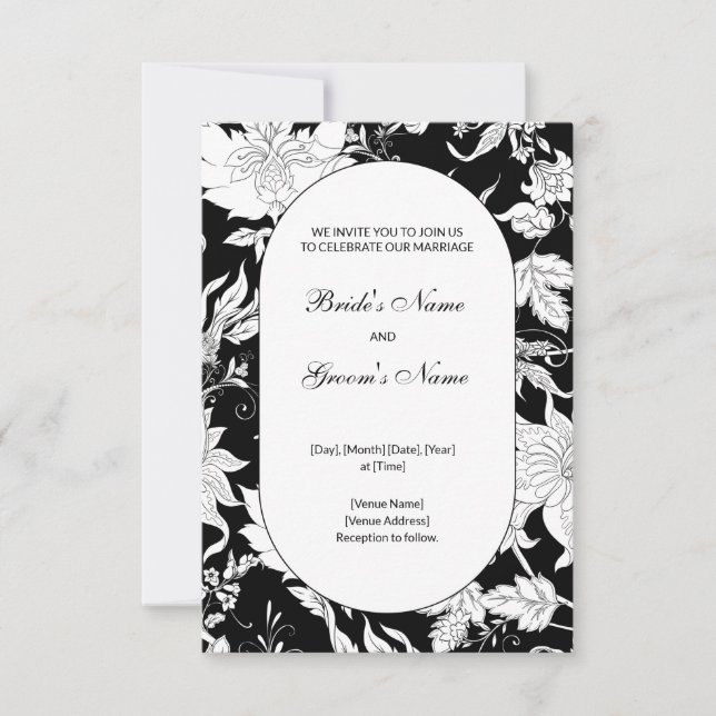 Invitación a la boda floral blanca y negra (Anverso)