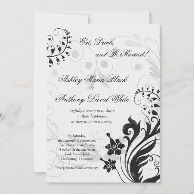 Invitación a la boda floral blanca y negra (Anverso)
