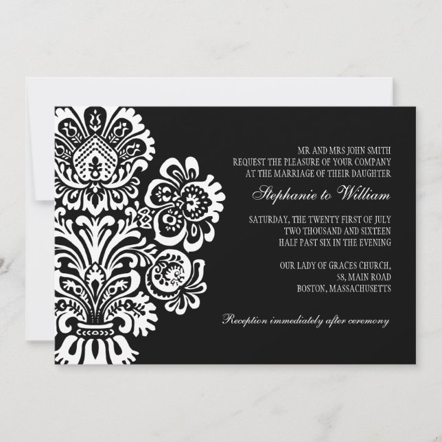 Invitación a la boda floral blanca y negra (Anverso)