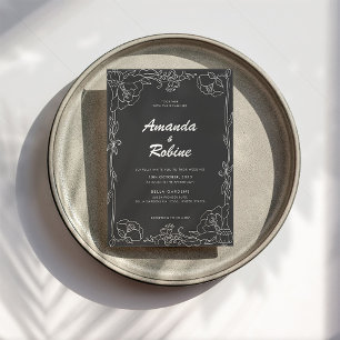 Invitación a la boda floral blanca y negra