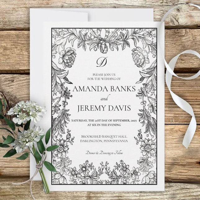Invitación a la boda floral blanca y negra (Subido por el creador)