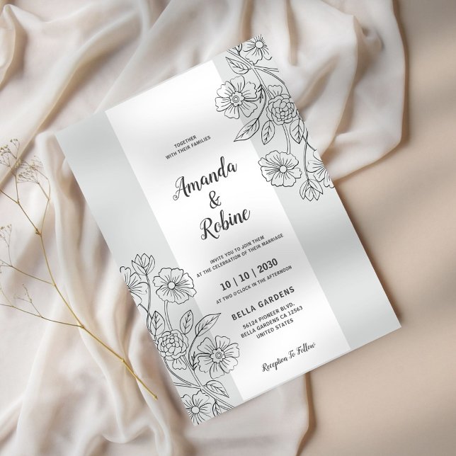 Invitación a la boda floral blanca y negra moderna (Subido por el creador)