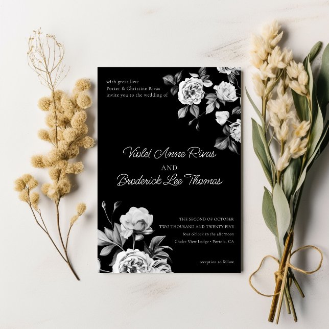 Invitación a la boda floral blanca y negra sin tie (Subido por el creador)