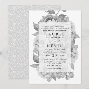 Invitación a la boda floral blanca y negra vintage