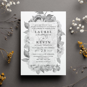 Invitación a la boda floral blanca y negra vintage