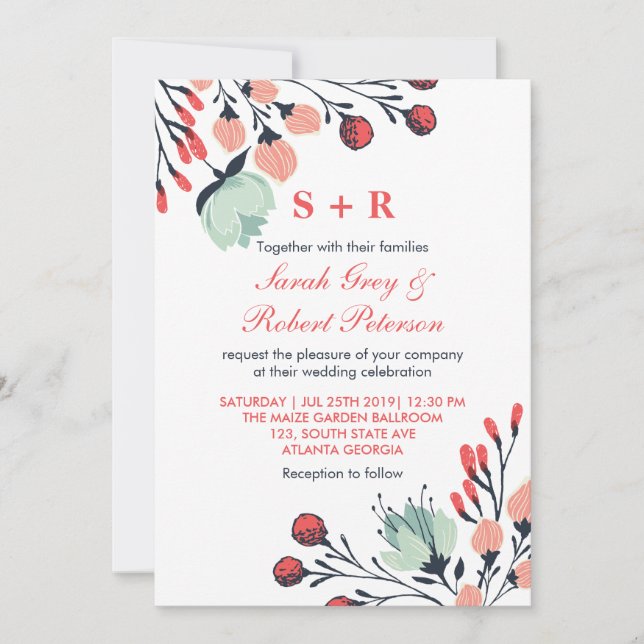 Invitación a la boda floral blanca y roja (Anverso)