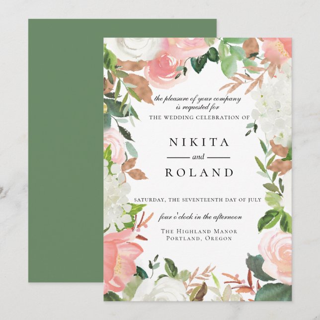 Invitación a la boda floral blanca y Rubor (Anverso / Reverso)
