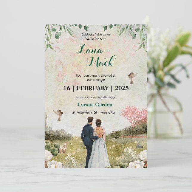 Invitación a la boda floral blanca y verde (Anverso de pie)