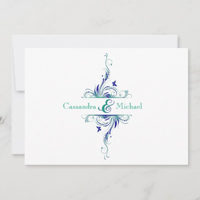 Invitación a la boda floral Blue Green White Aqua (Anverso)
