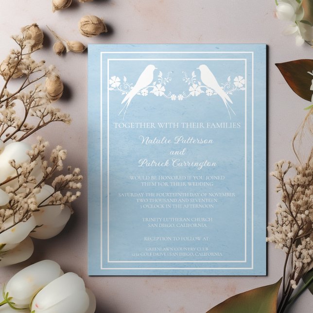 Invitación a la boda floral Blue Lovebird (Blue Lovebird Floral Wedding Invitation)
