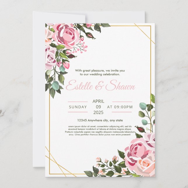 Invitación a la boda floral, Boda rosa romántico (Anverso)