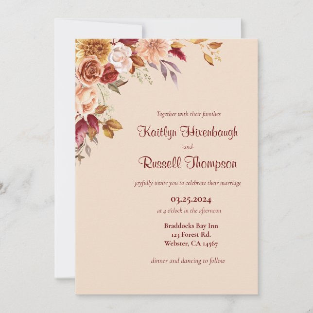 Invitación a la boda floral Borgoña y Caída Rosa (Anverso)