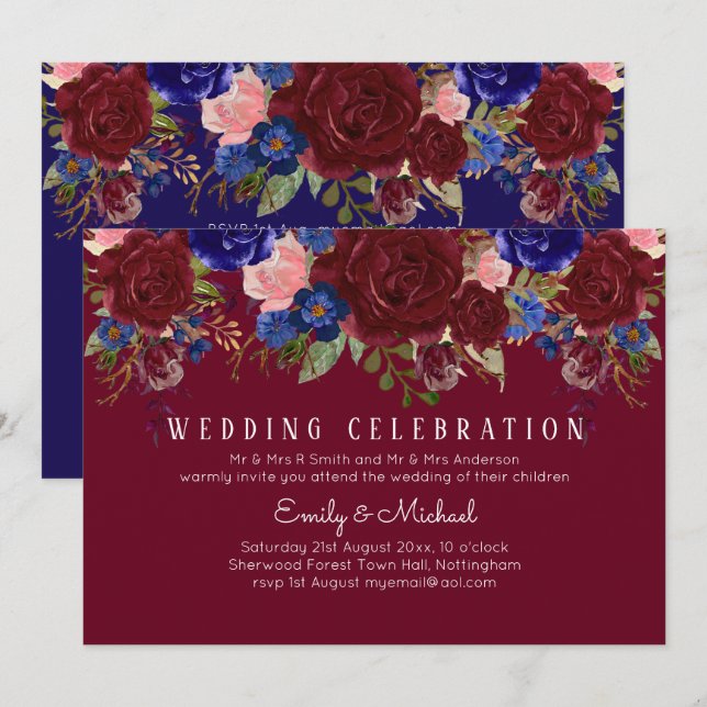 Invitación a la boda floral borgoñona con eleganci (Anverso / Reverso)