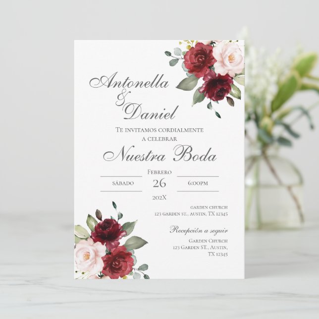 Invitación a la boda floral borgoñona en español (Anverso de pie)