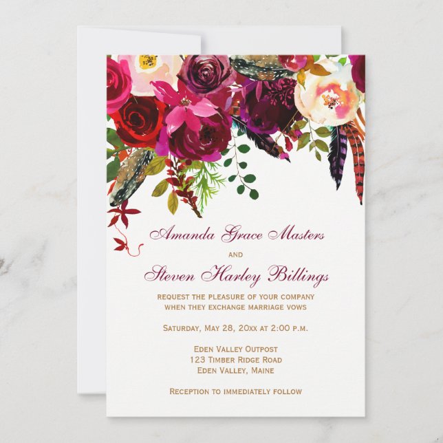 Invitación a la boda - Floral borgoñona, plumas (Anverso)