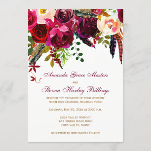 Invitación a la boda - Floral borgoñona, plumas