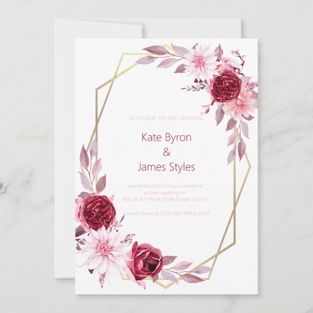 Invitación a la boda floral borgoñona y rosa (Anverso)