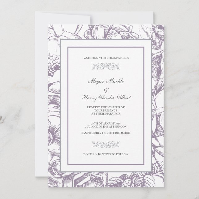 Invitación a la boda floral botánica de Lilac y Gr (Anverso)