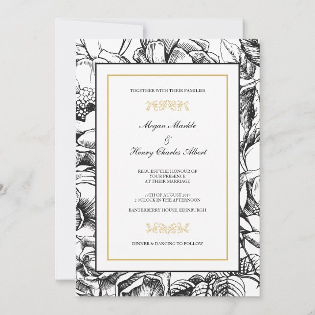 Invitación a la Boda Floral Botánica en Negro y Or (Anverso)