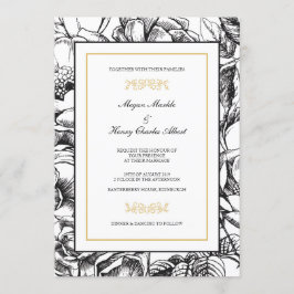 Invitación a la Boda Floral Botánica en Negro y Or