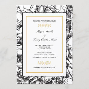 Invitación a la Boda Floral Botánica en Negro y Or