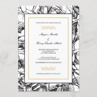 Invitación a la Boda Floral Botánica en Negro y Or