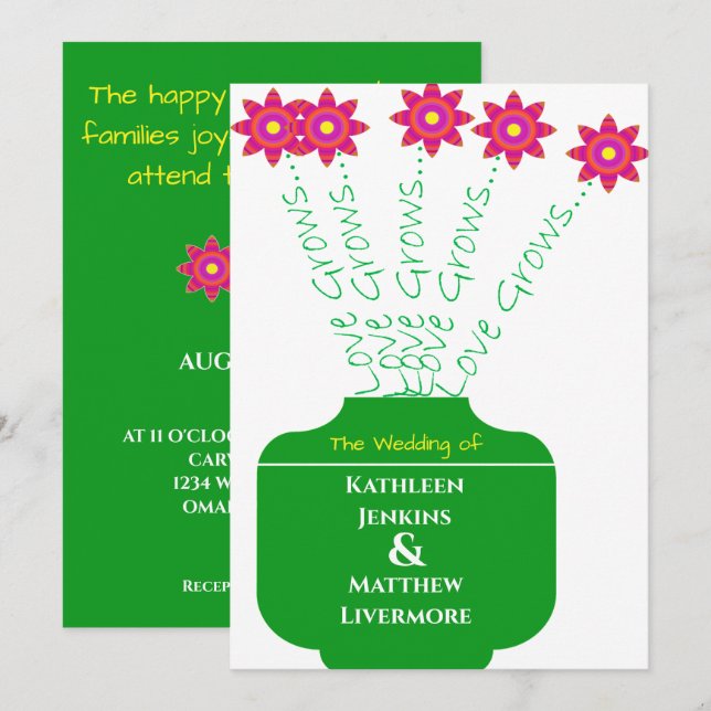 Invitación a la boda floral brillante "El amor cre (Anverso / Reverso)