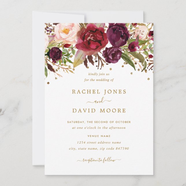 Invitación a la Boda Floral Burgundy Gold Confetti (Anverso)