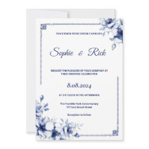 Invitación a la boda floral clásica azul