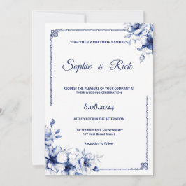 Invitación a la boda floral clásica azul