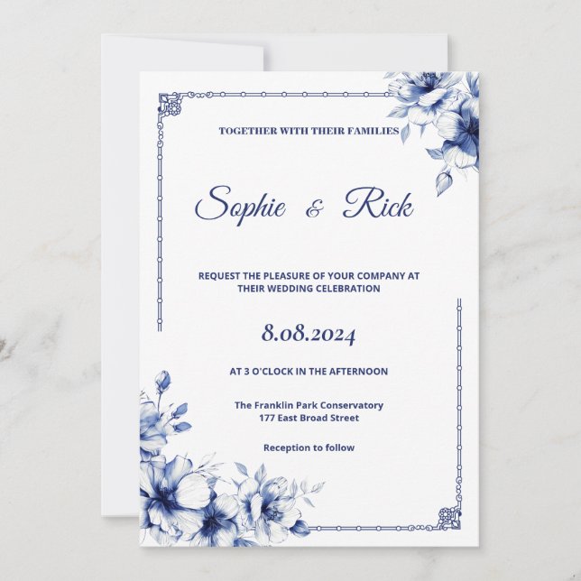 Invitación a la boda floral clásica azul (Anverso)