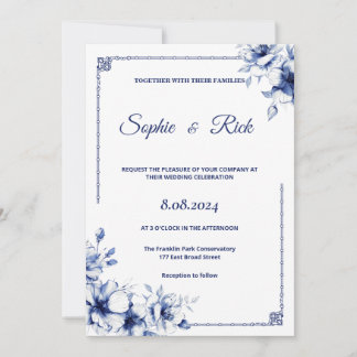 Invitación a la boda floral clásica azul