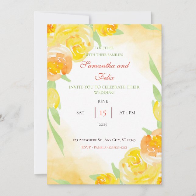 Invitación a la boda floral con acuarela amarilla (Anverso)