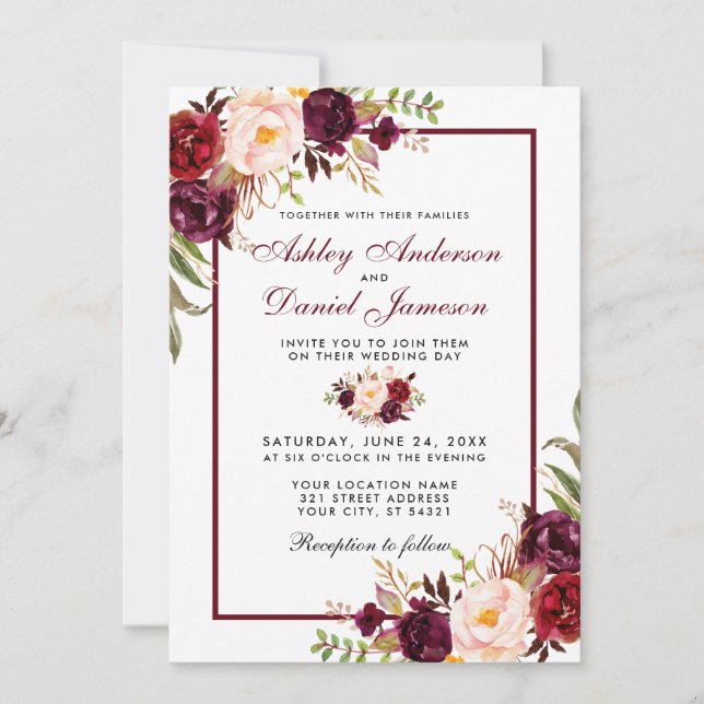 Invitación a la boda floral con acuarela de Borgoñ (Anverso)