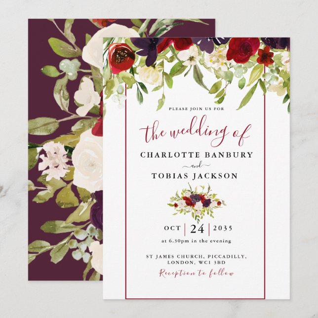 Invitación a la boda floral con acuarela de Borgoñ (Anverso / Reverso)