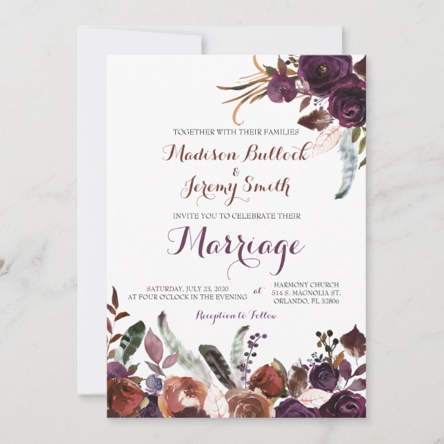 Invitación a la boda floral con acuarela de ciruel (Anverso)