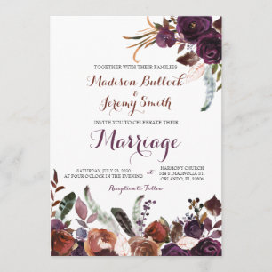 Invitación a la boda floral con acuarela de ciruel