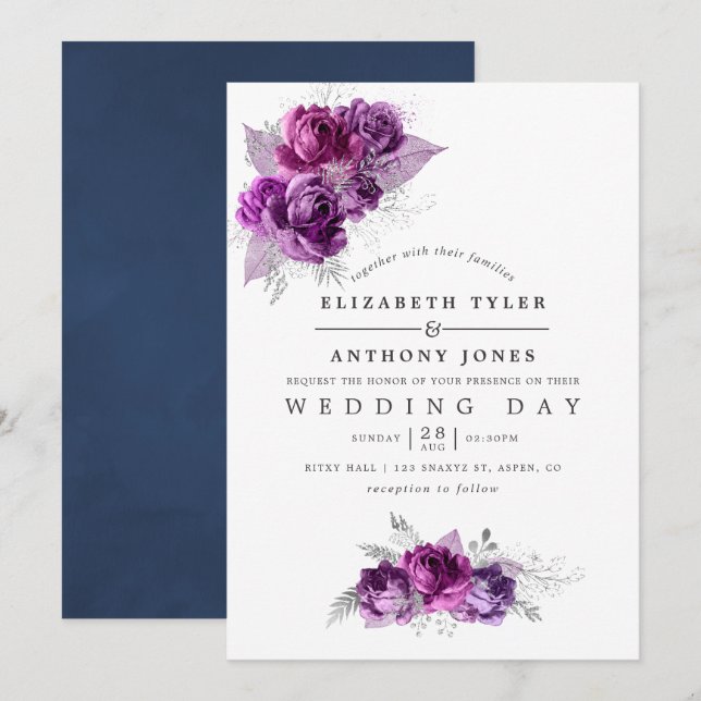 Invitación a la boda floral con acuarela de ciruel (Anverso / Reverso)