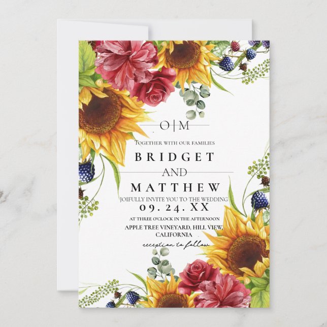 Invitación a la boda floral con acuarela de giraso (Anverso)