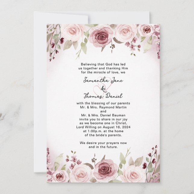 Invitación a la boda floral con acuarela de Rosa t (Anverso)
