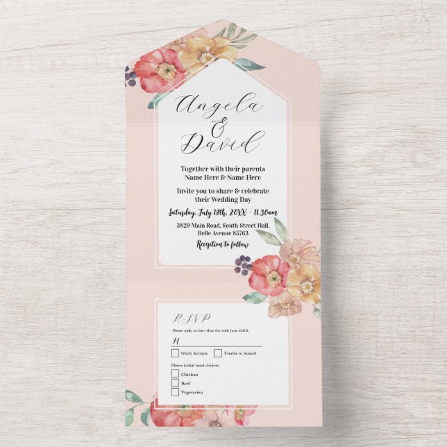 Invitación a la boda floral con acuarela floral y  (Interior)