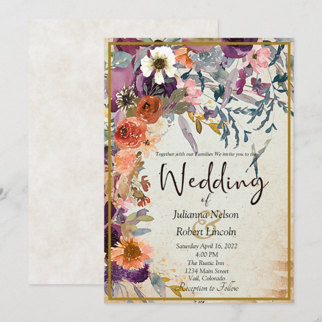 Invitación a la boda floral con acuarela mixta de  (Anverso / Reverso)