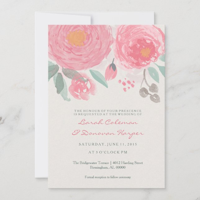 Invitación a la boda floral con acuarela pintada a (Anverso)