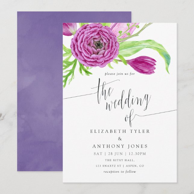 Invitación a la boda floral con acuarela violeta y (Anverso / Reverso)