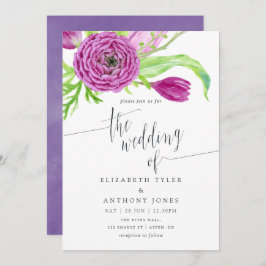 Invitación a la boda floral con acuarela violeta y